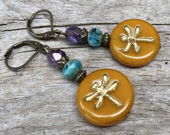 Bright vintage earrings with bohemian DRAGONFLY glass beads - ochre, mustard yellow, purple, aqua & copper/dragonfly, button