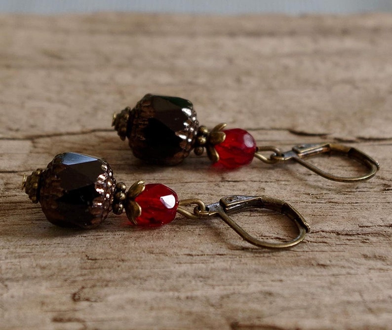 Vintage earrings with Bohemian glass beads black, opaque, red, dark red & bronze image 1