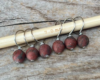 6 stitch markers with sesame jasper - stitch counter - red brown silver - semi-precious stones - knitting aid stitch marker beads Kiwi Jasper