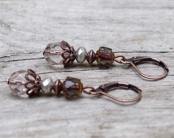 Vintage earrings with Czech glass beads - light plum, silver, dark gray & copper