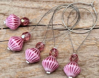 5 stitch markers with Bohemian glass beads - stitch counter - pink, white, silver - set - knitting, knitting aid stitch marker