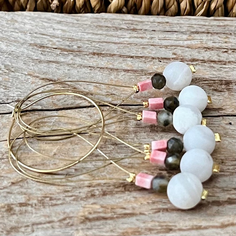 6 fine stitch markers with agate and labradorite stitch counter light gray, moss green pink gold set knitting, knitting aid stitch marker image 3