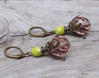 Vintage earrings with Bohemian glass beads - apricot, pink, peach, kiwi, kiwi green & bronze/buds, bud, bud earrings