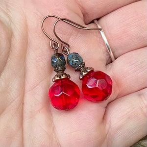 Vintage earrings with Bohemian glass beads red, bright red, water green & copper earrings vintage earrings single piece glass bead earrings image 1