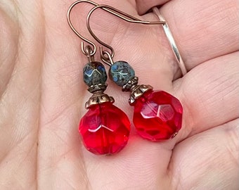 Vintage earrings with Bohemian glass beads - red, bright red, water green & copper - earrings vintage earrings single piece glass bead earrings