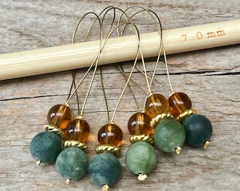 6 stitch markers with jade and glass beads - stitch counter - green dark green, olive, brown gold - set - knitting, knitting aid stitch marker