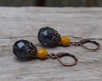 Vintage earrings with Czech glass beads - steel blue, Montana blue, dark blue, ochre, mustard, mustard yellow & copper