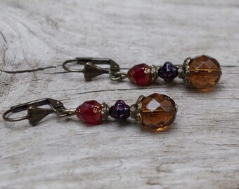 Vintage earrings with glass beads - brown, black, burgundy & bronze