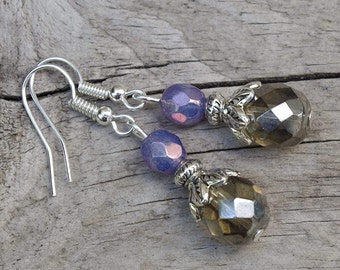 Vintage earrings with Bohemian glass beads - khaki grey olive, purple metallic opal & silver