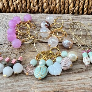 6 fine stitch markers with agate and labradorite stitch counter light gray, moss green pink gold set knitting, knitting aid stitch marker image 2