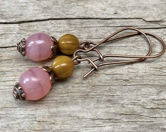 Vintage Kidney earrings with Bohemian glass beads - pink old pink opal, mustard, ochre & copper