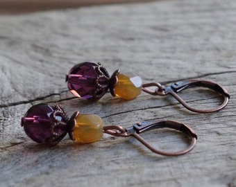 Small vintage earrings with Bohemian glass beads - aubergine, purple, honey opal & copper