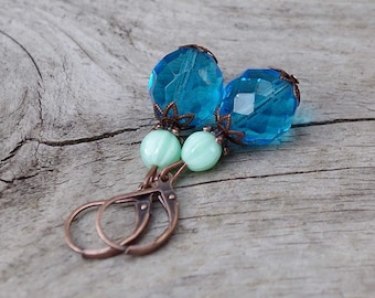 Vintage earrings with bohemian glass beads - turquoise, mint, aqua & copper