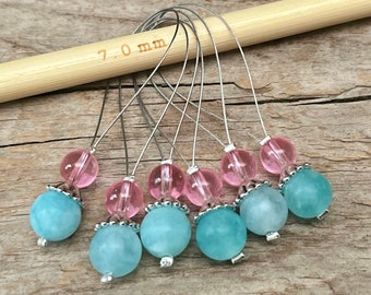 6 stitch markers with jade and glass beads - mesh counter - turquoise aqua pik pink silver - set - knitting, knitting aid stitch marker