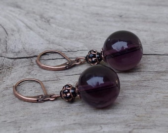 Vintage earrings with Bohemian glass beads - purple, aubergine, black & copper