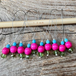 10 small stitch markers with synthetic turquoise and glass beads stitch counter pink, green, turquoise set stitch counter image 1