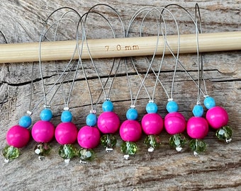 10 small stitch markers with synthetic turquoise and glass beads - stitch counter - pink, green, turquoise - set - stitch counter