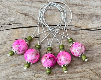 5 Maschenmarkierer mit böhmischen Glasperlen - Maschenzähler - pink, oliv weiß, silbern - Set - Stricken, Strickhilfe stitch marker