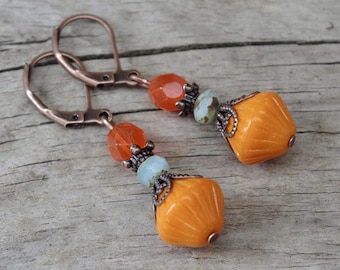 Vintage earrings with Czech glass beads - orange, aqua, turquoise, light blue & copper