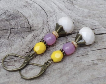 Vintage earrings with NEW! Vintage earrings with Bohemian glass beads - cream, vanilla, pink opal, yellow & bronze glass beads