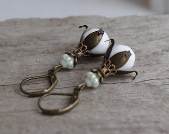 Vintage earrings with Czech glass beads - white, light mint & bronze/buds, bud, bud earrings