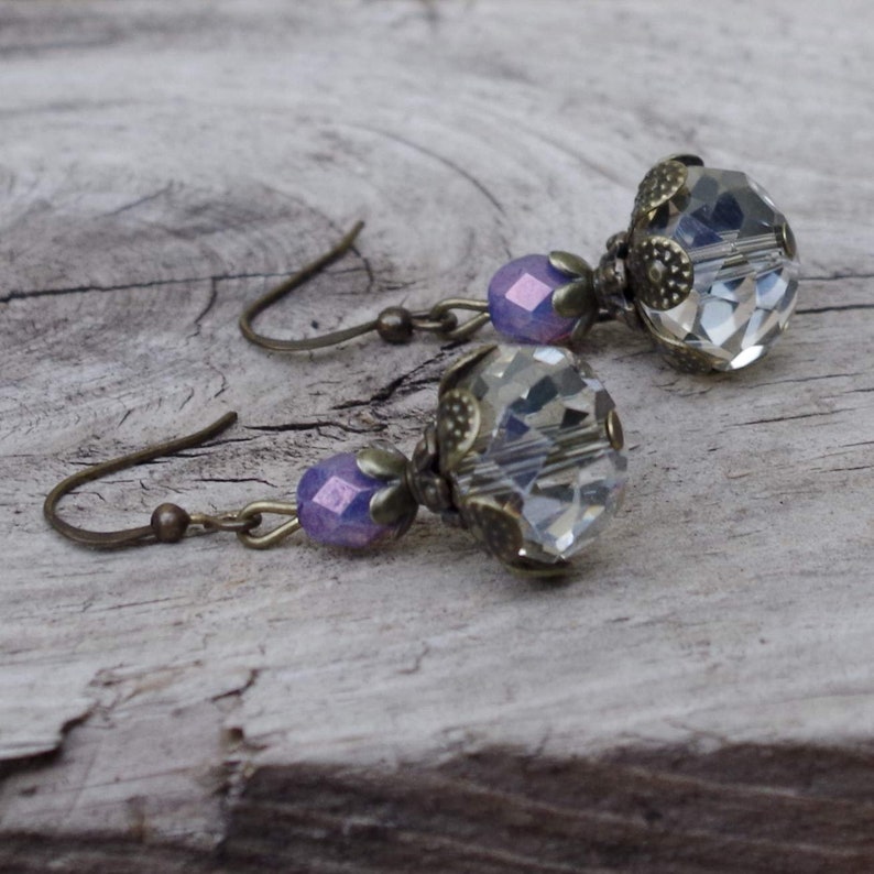 Vintage earrings with Bohemian glass beads lemon chiffon beige, lavender, purple & bronze image 2