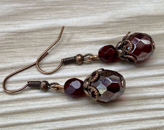 Vintage earrings with glass beads - red, burgundy, dark red, bordeaux & copper