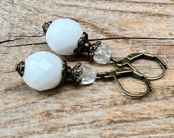 Vintage earrings with Bohemian glass beads - white, clear matt & bronze - bridal jewellery, bridal earrings, bridal jewellery, drop earrings/wedding