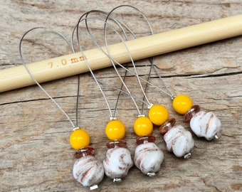 5 stitch markers with Bohemian glass beads - stitch counter - white, pink, yellow silver - set - knitting, knitting aid stitch marker