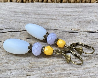 Vintage earrings with Bohemian olives glass beads - white, lilac yellow & bronze