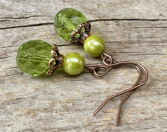 Vintage earrings with Bohemian glass beads - kiwi green, olive & copper