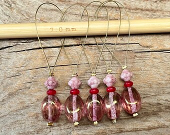 5 Maschenmarkierer mit böhmischen Glasperlen - Marker Maschenzähler - rosa, rot, gold- Set - Stricken, Strickhilfe Maschenzähler SET