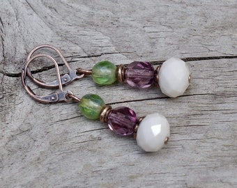 Vintage earrings with Bohemian glass beads - cream, purple, aubergine, olive green, green & copper
