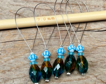 5 stitch markers with Bohemian glass beads - stitch counter - ochre, turquoise, petrol, silver - set - knitting, knitting aid stitch marker