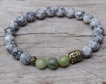 Bracelet with Kiwi Sesame Jasper, Xinyi Jade & Buddha - grey, green, bronze/Buddha bracelet, semi-precious stones, yoga yoga bracelet, SHIVA, jade