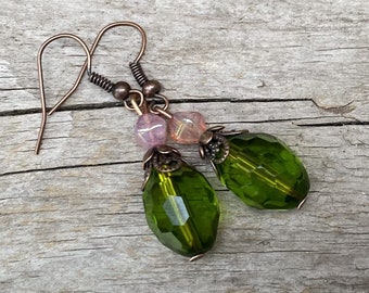 Vintage earrings with Bohemian olive glass beads - green, pink opal & copper