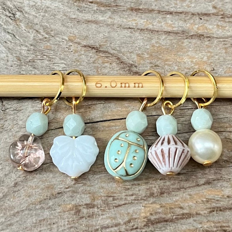 5 stitch markers with Czech glass beads stitch counter white mint gold beads, knitting aid stitch marker ladybug, flower, leaf image 1