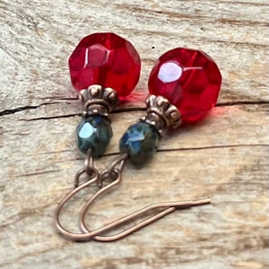 Vintage earrings with Bohemian glass beads red, bright red, water green & copper earrings vintage earrings single piece glass bead earrings image 3