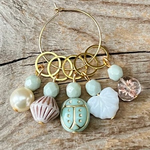 5 stitch markers with Czech glass beads stitch counter white mint gold beads, knitting aid stitch marker ladybug, flower, leaf image 5