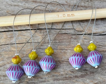 5 stitch markers with Bohemian glass beads - stitch counter - light blue pink, ocher, silver - set - knitting, knitting aid stitch marker