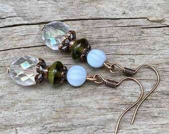 Vintage earrings with Bohemian glass beads - clear AB, olive green, olive, light blue, baby blue & copper