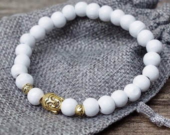 Buddha bracelet with wooden beads - white, snow white & antique gold - simple - yoga jewelry, yoga bracelet, yoga - Shiva