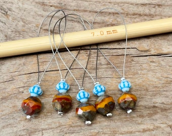 5 stitch markers with Bohemian glass beads - stitch counter - ocher, turquoise, white, silver - set - knitting, knitting aid stitch marker