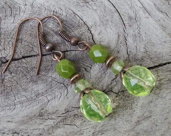 Vintage earrings with Bohemian glass beads - lemon, green, olive & copper