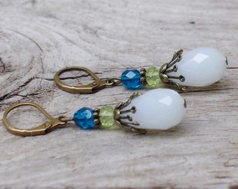 Vintage drop earrings with glass beads - white opaque, green, petrol blue & bronze