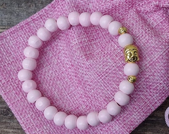 Buddha bracelet with wooden beads - pink, baby pink, soft pink & antique gold - bright - simple - yoga jewelry, yoga bracelet, yoga - Shiva