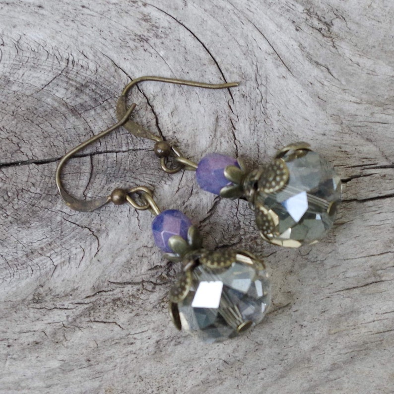 Vintage earrings with Bohemian glass beads lemon chiffon beige, lavender, purple & bronze image 4