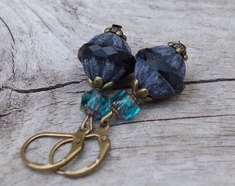 Vintage earrings with Bohemian ornament glass beads - black matt, blue & bronze