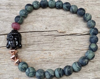 Armband mit Natural Kambaba Jaspis & Buddha - schwarz, dunkelgrün, berry, rosègold/Buddhaarmband, Halbedelsteine, Yoga - Yogaarmband, SHIVA