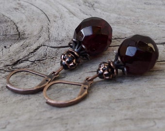 Vintage earrings with Bohemian glass beads - wine red, dark red, blood red, burgundy, black & copper